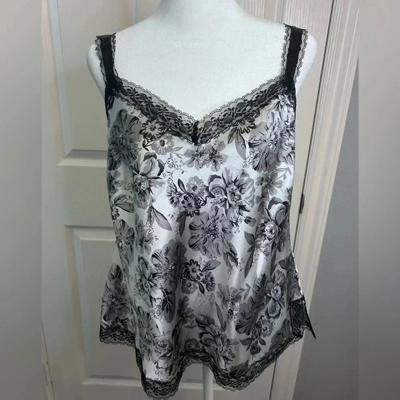 🩶”Nine West” NWT Lace & Silk Black & Silver Floral Print Camisole Tank Size 12 🖤 - Picture 1 of 14
